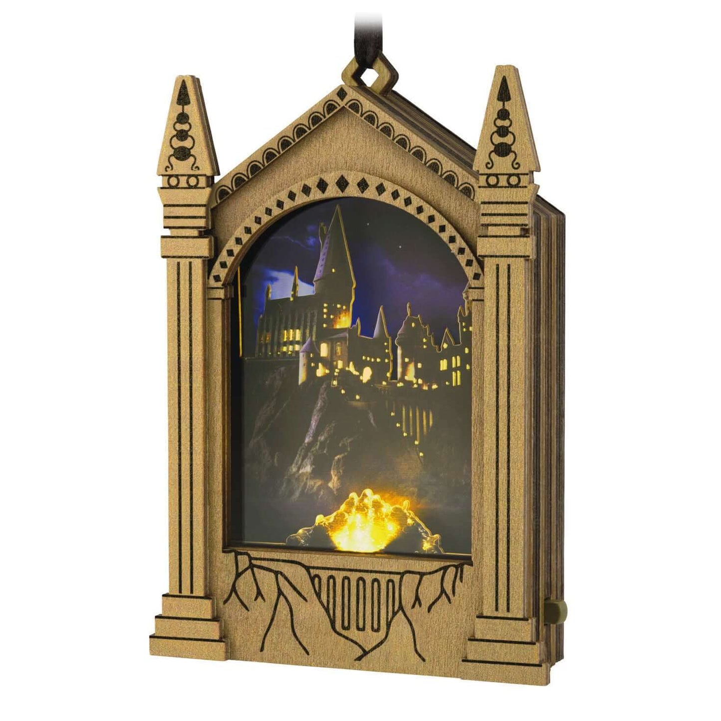 Harry Potter™ Hogwarts™ Musical Papercraft Ornament With Light — 2025 Hallmark Keepsake Christmas Ornament featuring illuminated castle scene and intricate wooden design.