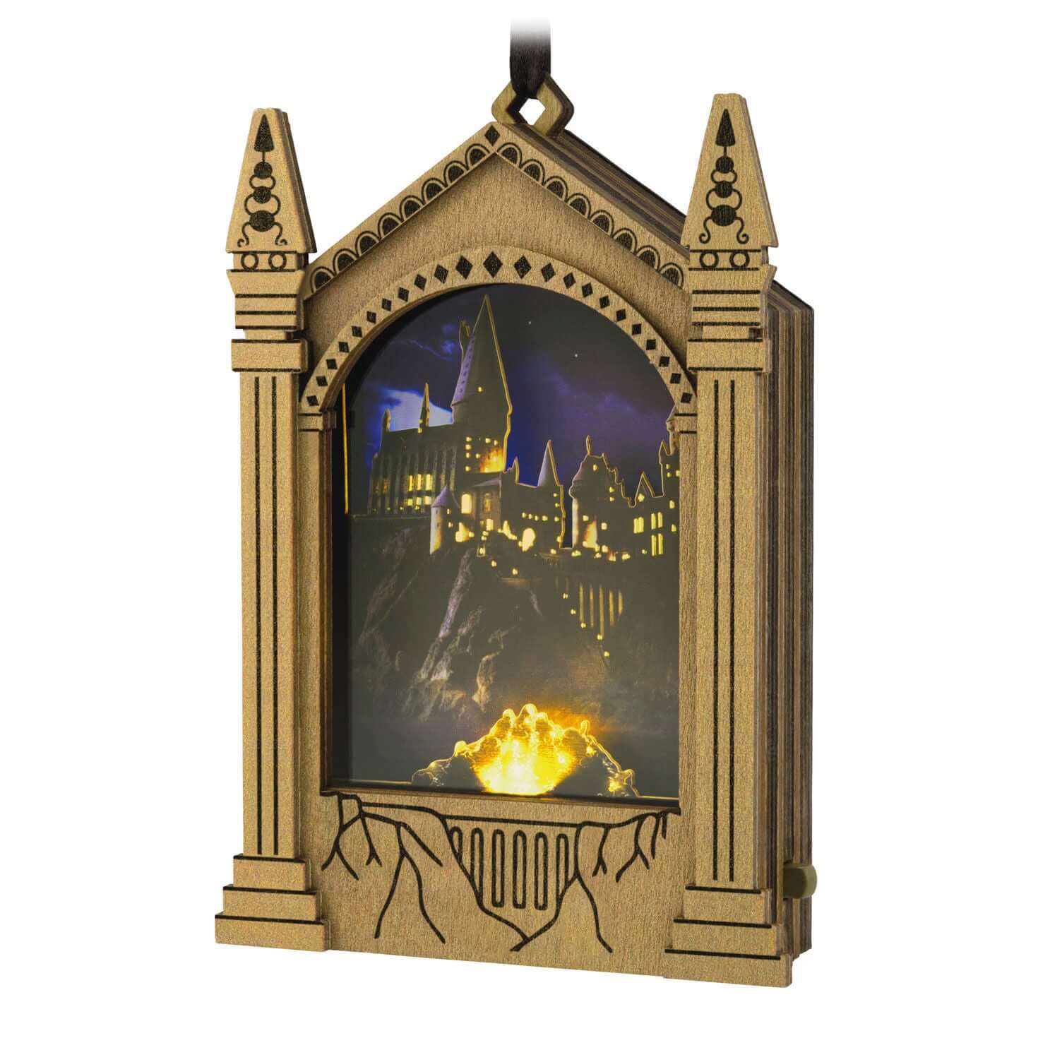 Harry Potter™ Hogwarts™ Musical Papercraft Ornament With Light — 2025 Hallmark Keepsake Christmas Ornament featuring illuminated castle scene and intricate wooden design.