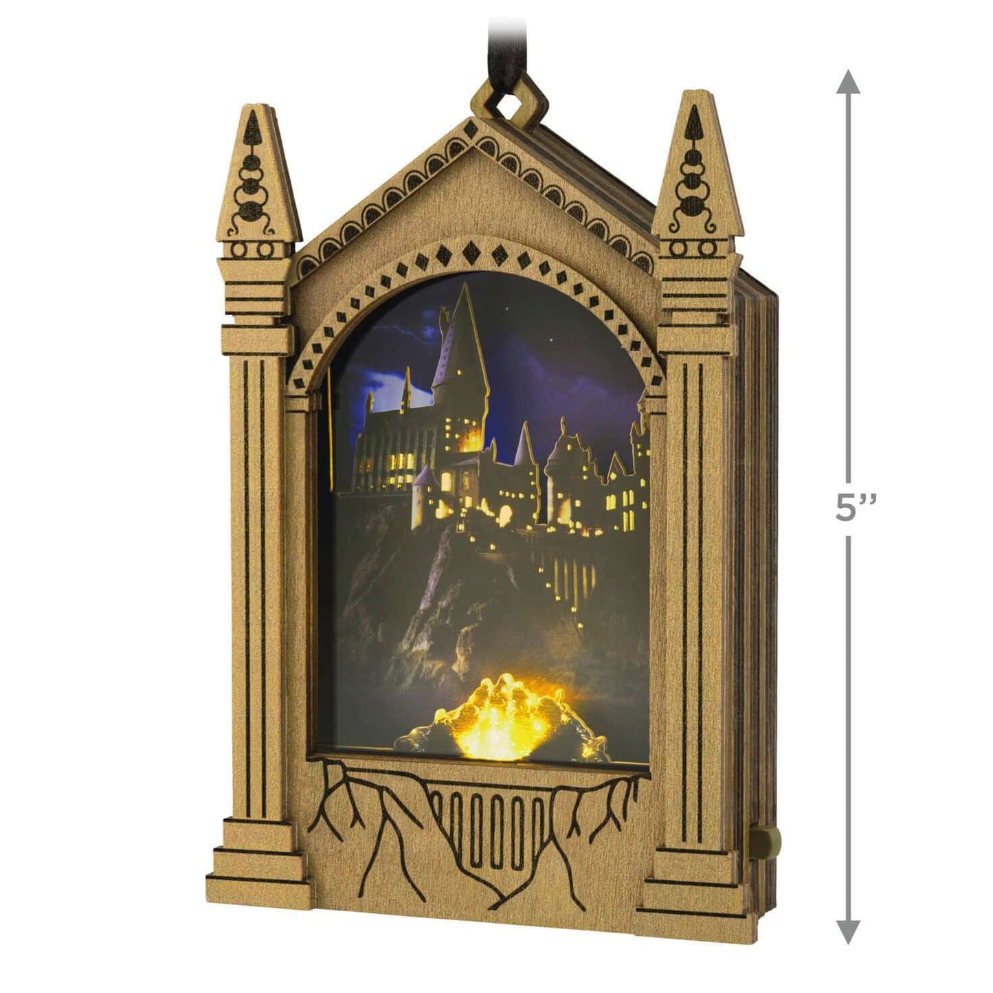 Harry Potter™ Hogwarts™ Musical Papercraft Ornament With Light — 2025 Hallmark Keepsake Christmas Ornament with illuminated Hogwarts scene in a decorative frame.