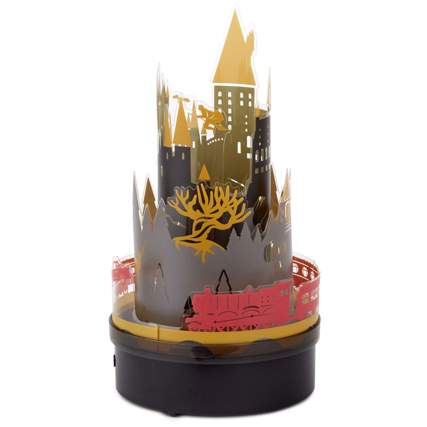 Harry Potter™ Hogwarts rotating lamp with sound featuring detailed Hogwarts silhouette and Hogwarts Express design in a compact size.