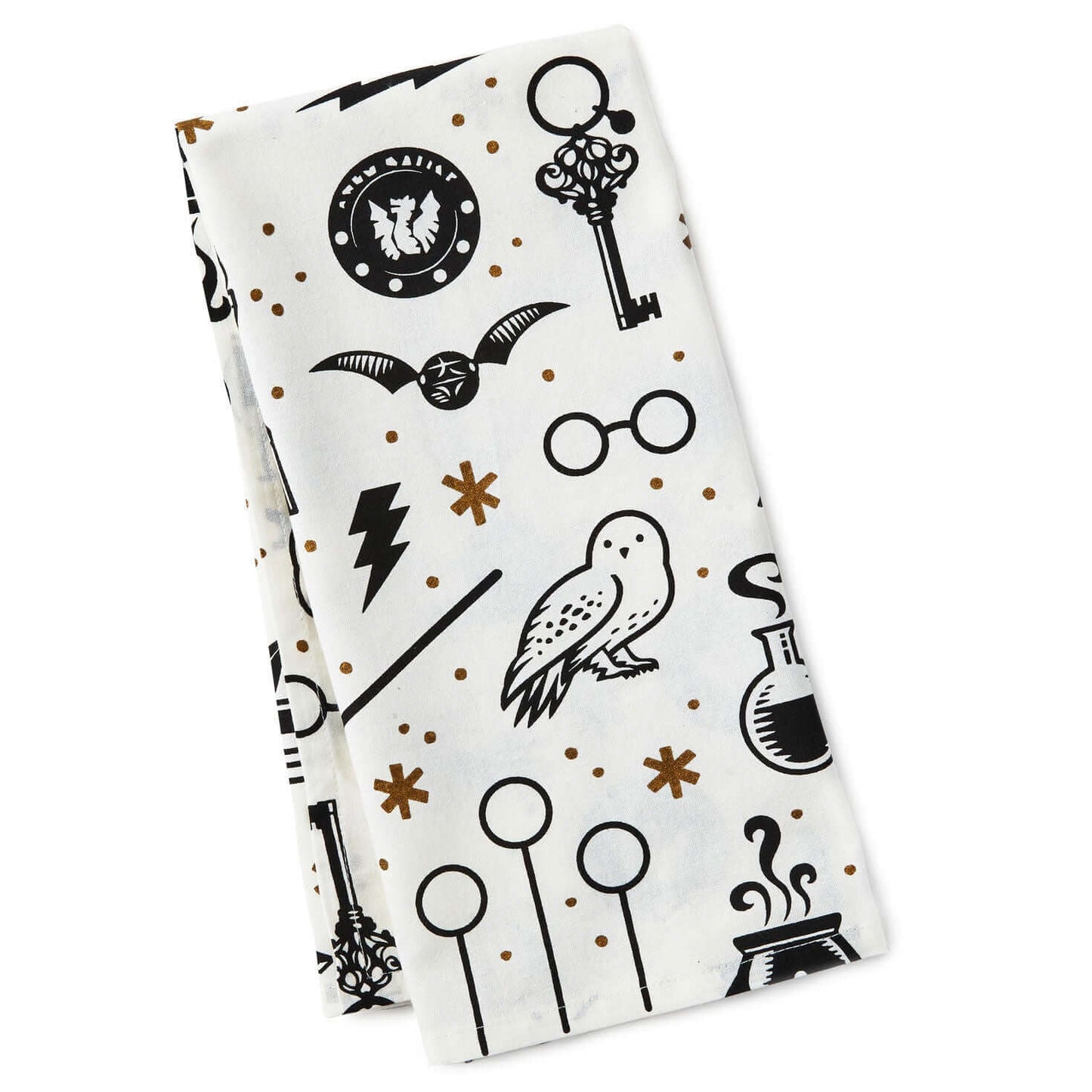 Harry Potter™ Wizarding World™ Icons Tea Towel in white cotton, featuring gold stars and black symbols like Hedwig and Quidditch Cup, flat lay.
