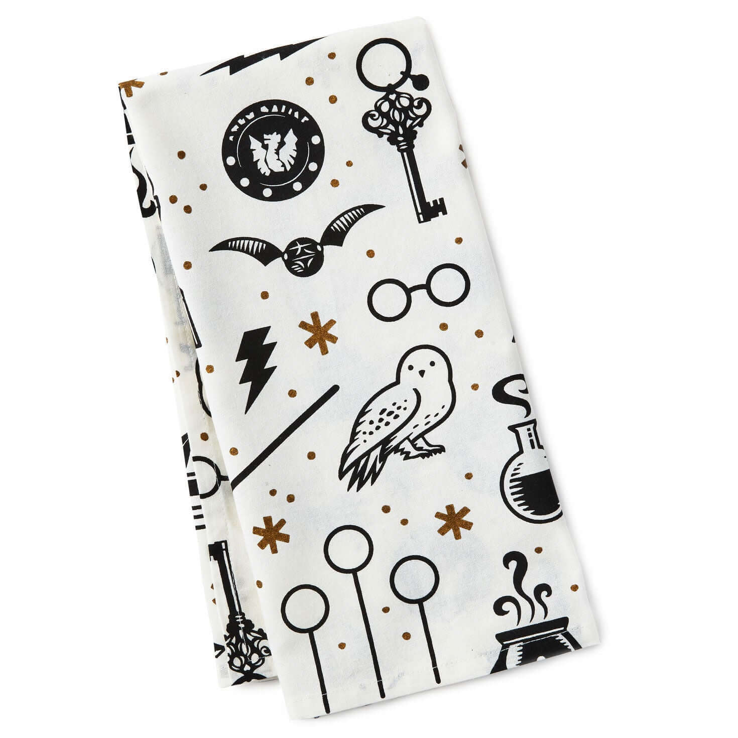 Harry Potter™ Wizarding World™ Icons Tea Towel in white cotton, featuring gold stars and black symbols like Hedwig and Quidditch Cup, flat lay.