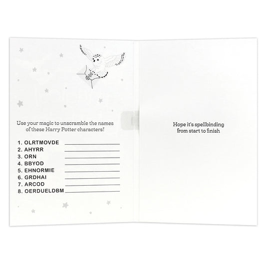 Hallmark Interactive Sound Card - Have a magical birthday, inside view with scrambled names game and whimsical design.