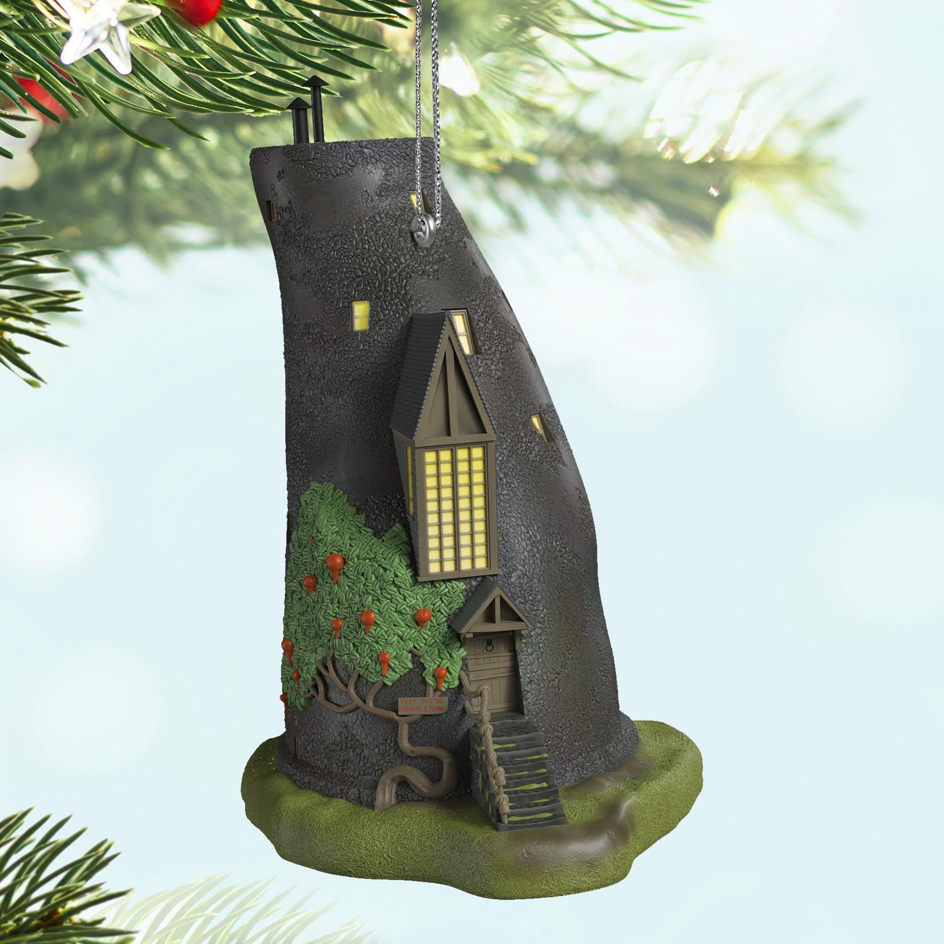 Harry Potter™, The Lovegood Home — 2025 Hallmark Keepsake Christmas Ornament, close-up of crooked house with dirigible plums.