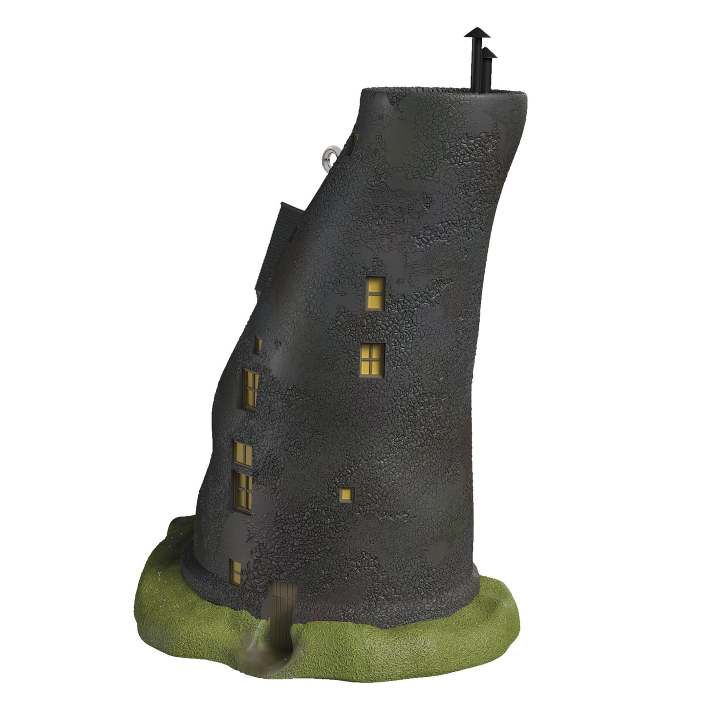 Harry Potter™, The Lovegood Home — 2025 Hallmark Keepsake Christmas Ornament, dark brown building with windows, side view on green base