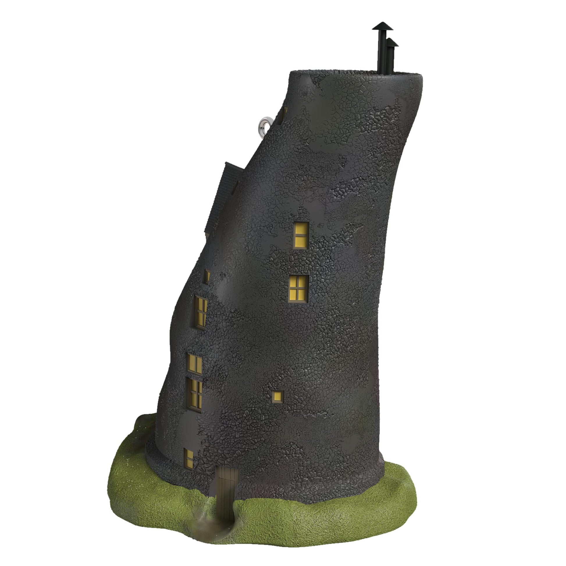 Harry Potter™, The Lovegood Home — 2025 Hallmark Keepsake Christmas Ornament, dark brown building with windows, side view on green base