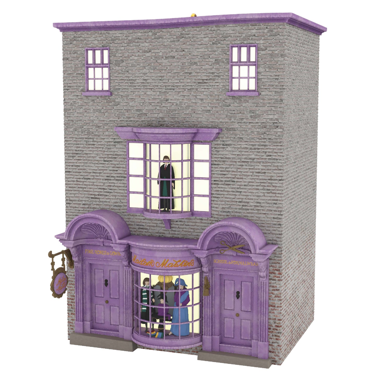 Harry Potter™ Madam Malkin's Robes for All Occasions™ — Hallmark Keepsake Christmas Ornament featuring a detailed grey brick building with purple entrance.