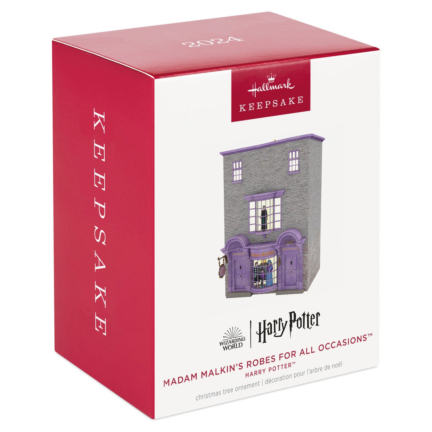 Harry Potter™ Madam Malkin's Robes for All Occasions™ — Hallmark Keepsake Christmas Ornament packaging box design with purple and grey colours.