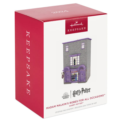 Harry Potter™ Madam Malkin's Robes for All Occasions™ — Hallmark Keepsake Christmas Ornament packaging box design with purple and grey colours.