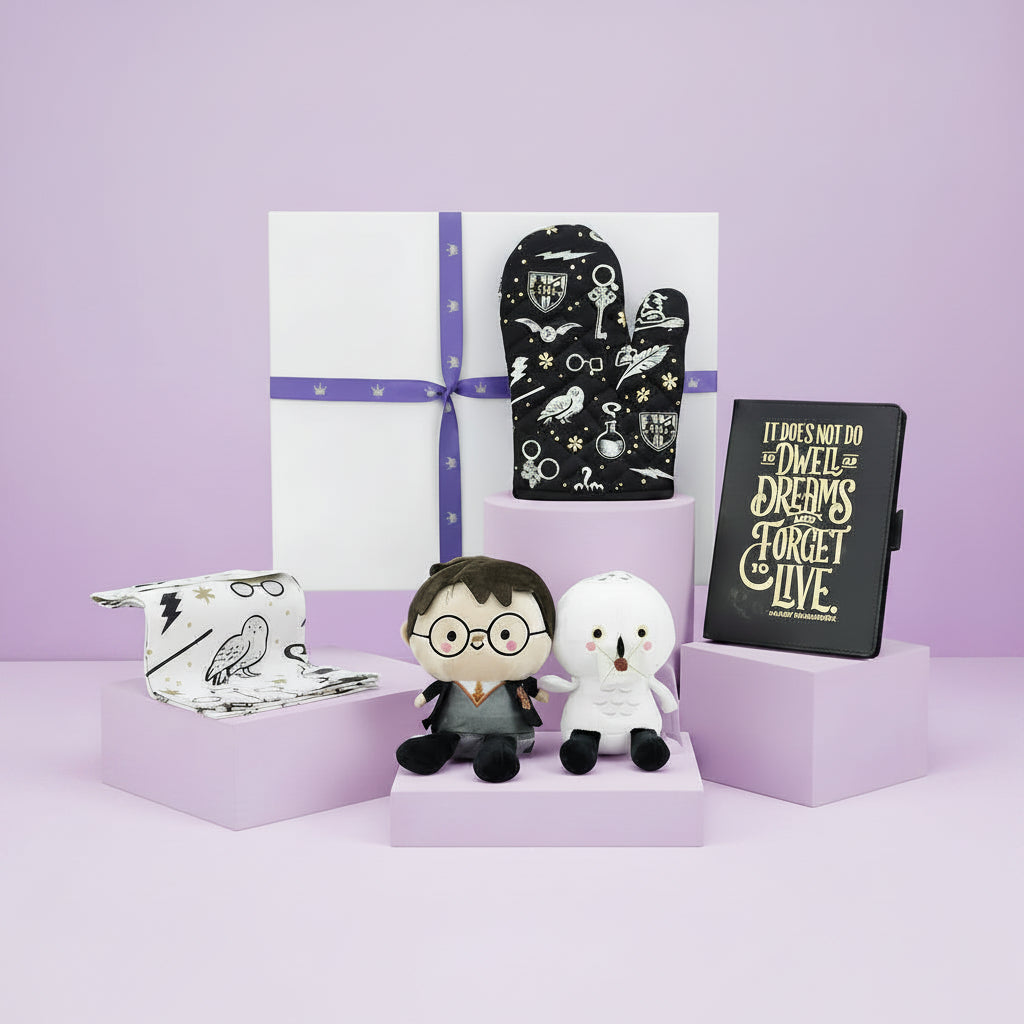 Harry Potter Magical Gift Hamper by Hallmark featuring plush toys, oven mitt, and notebook in a decorative box.