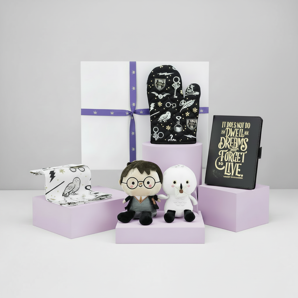 A Harry Potter themed gift set arranged on lavender display blocks against a light gray studio background. The set includes a white gift box with a purple ribbon, a black oven mitt and matching hat cover printed with owl and wand motifs, a black notebook with gold lettering, a white owl plush, a Harry Potter plush, and a matching owl-patterned tissue box.