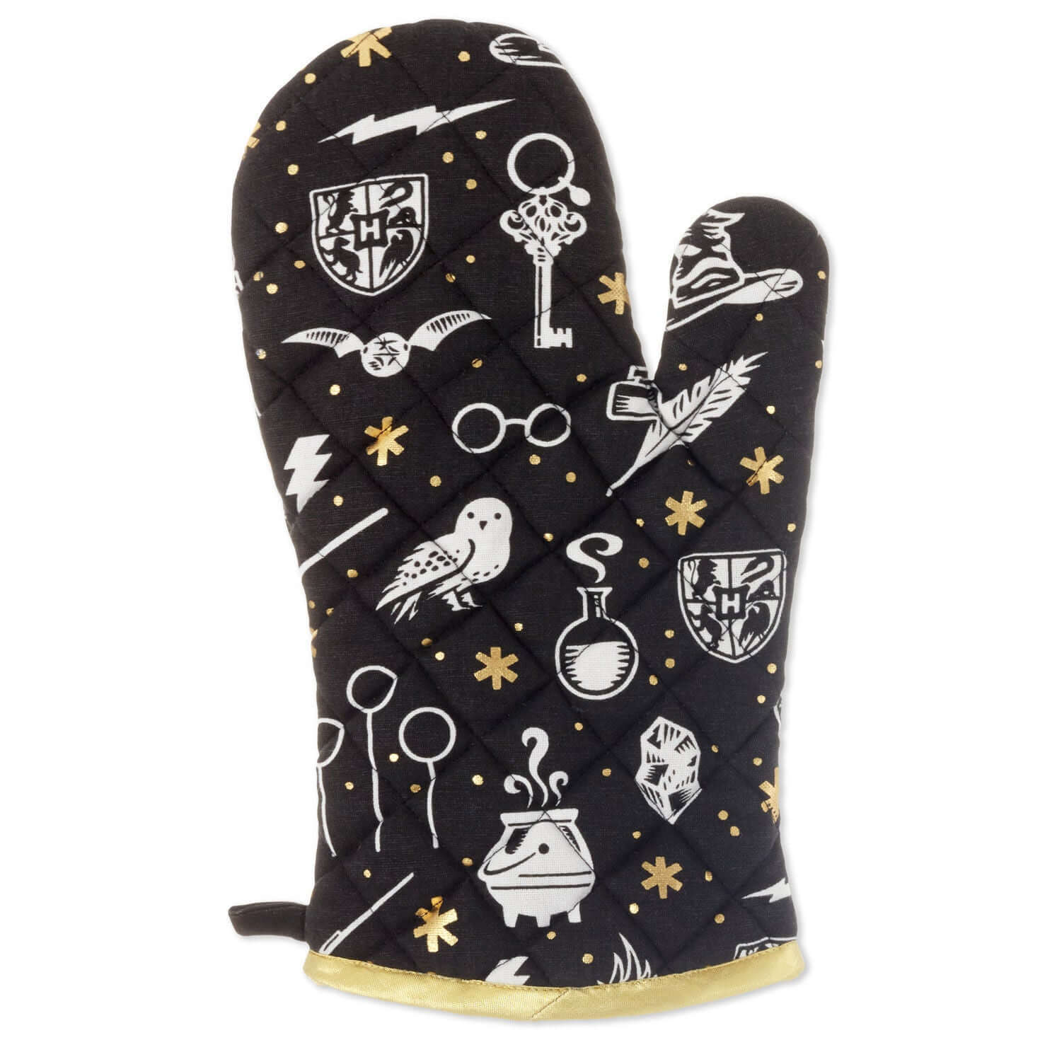 Harry Potter™ Magical Icons Oven Mitt in black cotton featuring a collage of magical icons with gold accents, flat lay view.
