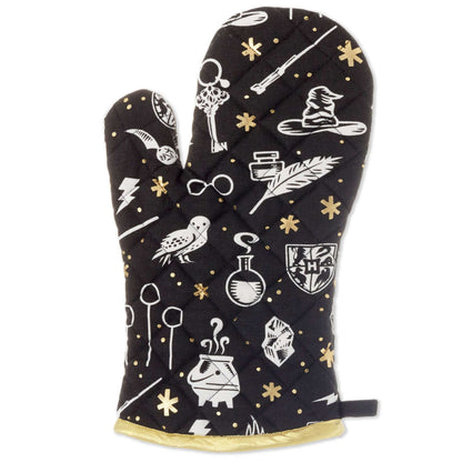 Harry Potter™ Magical Icons Oven Mitt, black cotton, features detailed white and metallic gold collage of Wizarding World symbols.