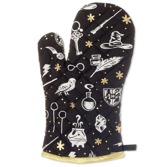 Harry Potter™ Magical Icons Oven Mitt, black cotton, features detailed white and metallic gold collage of Wizarding World symbols.