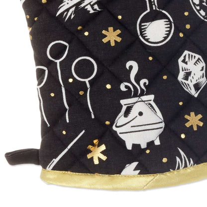 Harry Potter™ Magical Icons Oven Mitt featuring a black cotton design with metallic gold accents and fun potion-related graphics.