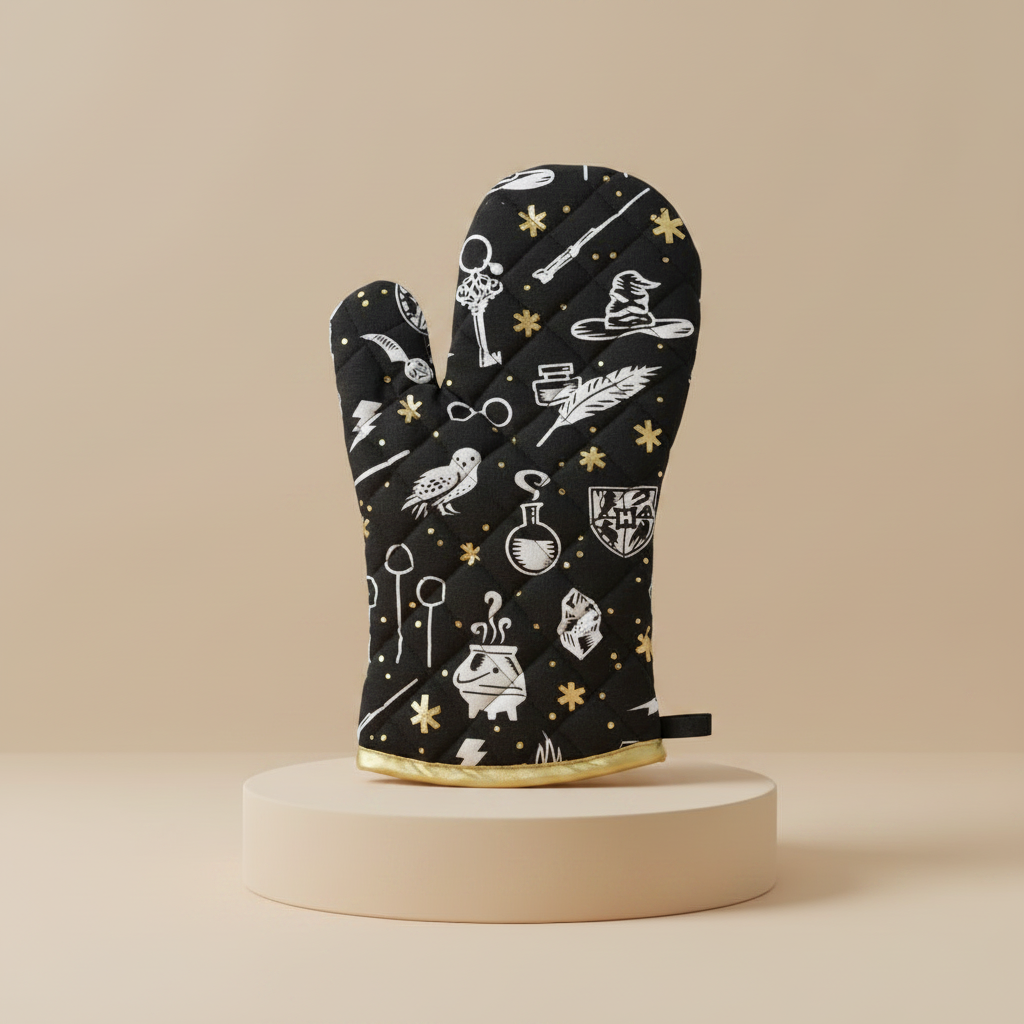 Harry Potter™ Magical Icons Oven Mitt in black cotton featuring a whimsical print of icons like Hedwig and the Hogwarts crest, angled view