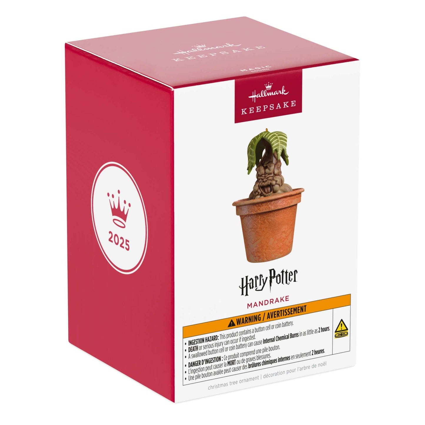 Harry Potter™ Mandrake™ With Sound — 2025 Hallmark Keepsake Christmas Ornament in a terra-cotta-style pot, shown in packaging.