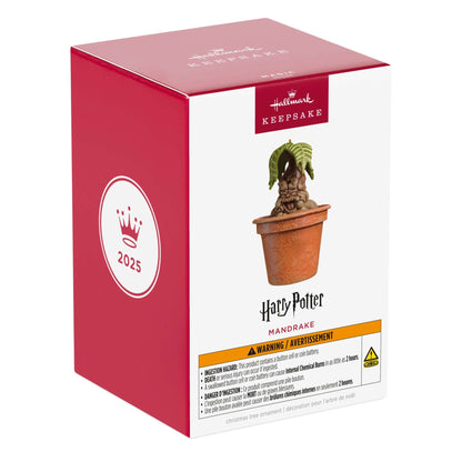 Harry Potter™ Mandrake™ With Sound — 2025 Hallmark Keepsake Christmas Ornament in a terra-cotta-style pot, shown in packaging.