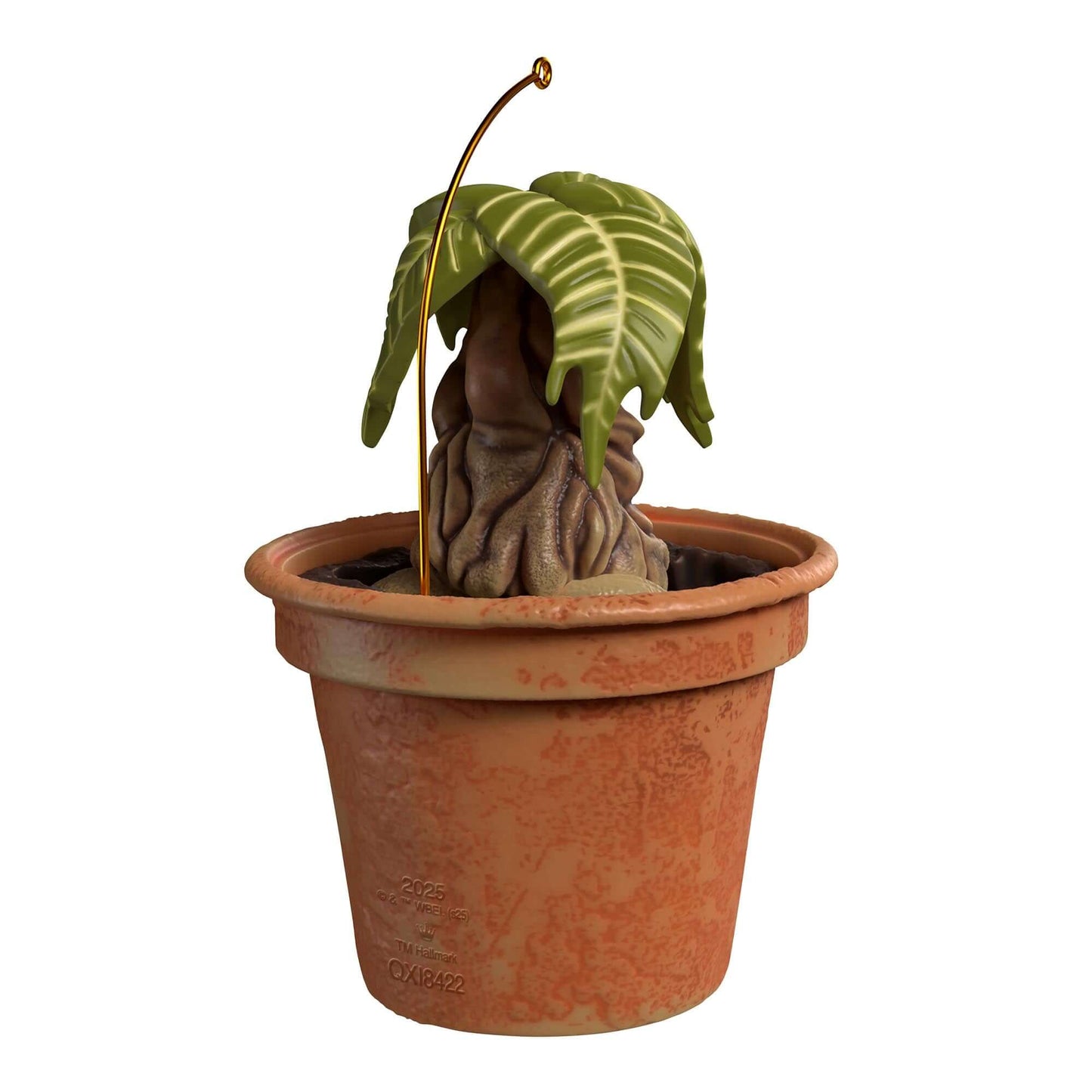 Harry Potter™ Mandrake™ With Sound — 2025 Hallmark Keepsake Christmas Ornament in terra-cotta pot, featuring detailed roots and leaves.