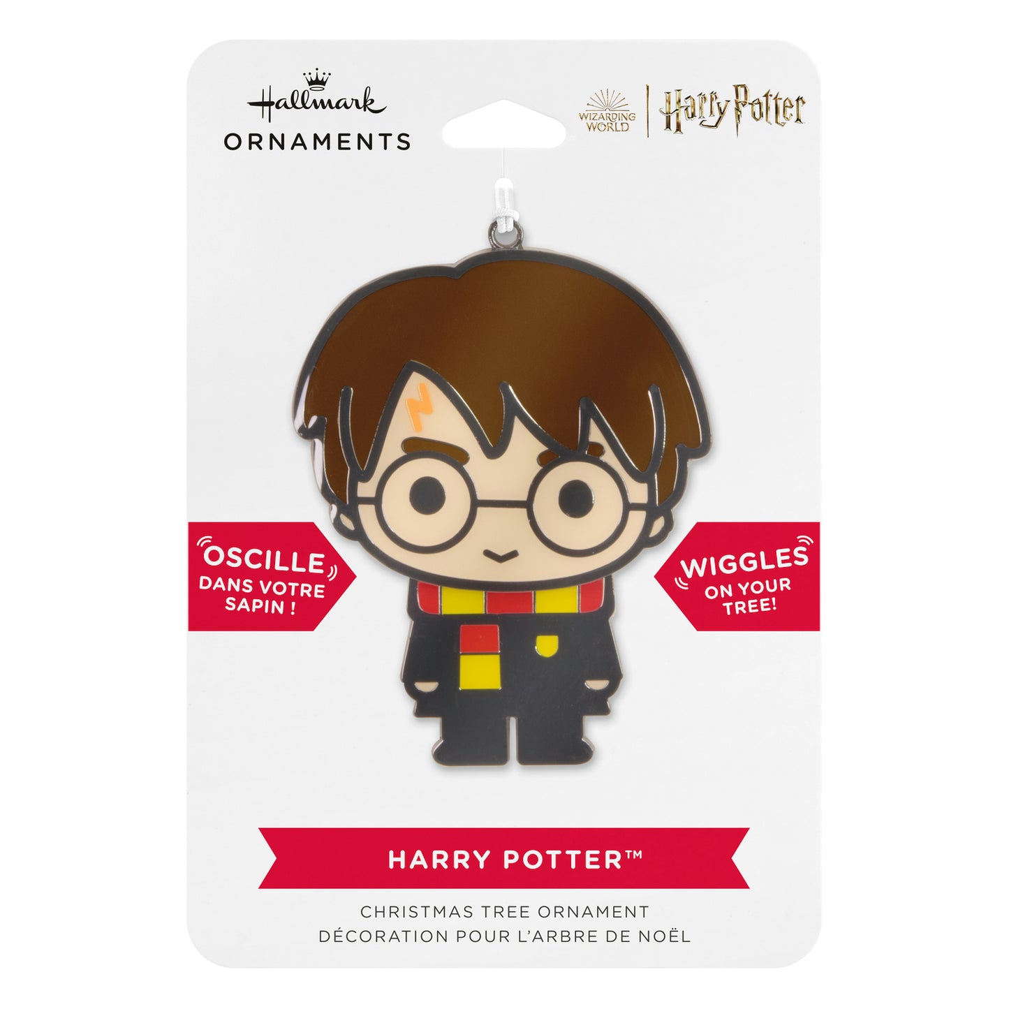 Harry Potter™ Moving Metal Hallmark Ornament in vibrant colours on packaging, featuring Harry with glasses in a Gryffindor robe.