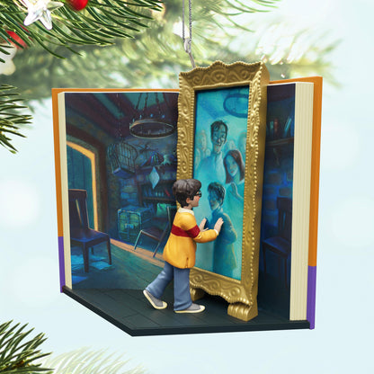 Harry Potter and the Sorcerer's Stone™, Mirror of Erised™ — 2025 Hallmark Keepsake Christmas Ornament featuring Harry admiring the enchanted mirror in a book design.