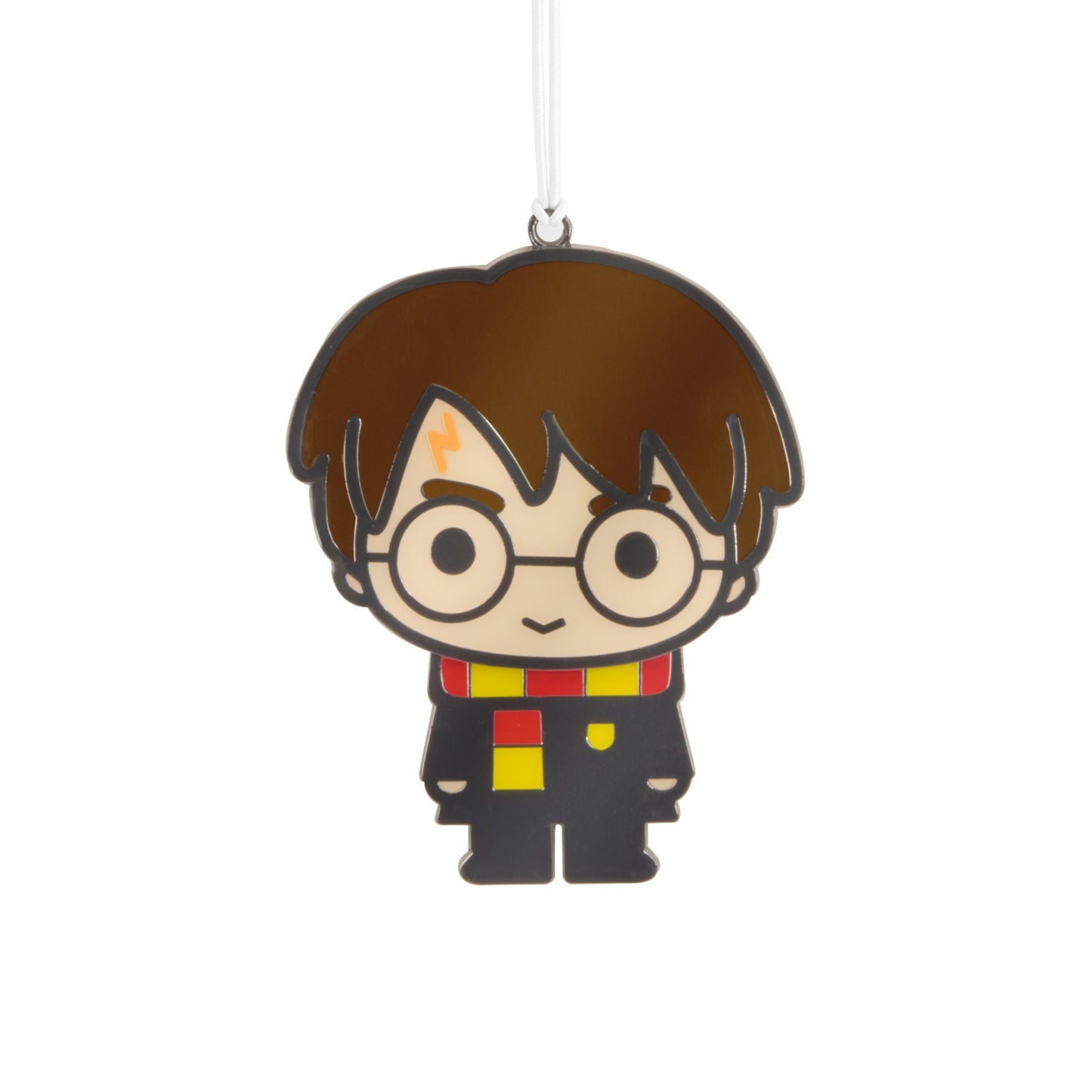 Harry Potter™ Moving Metal Hallmark Ornament, colourful metal decoration in Gryffindor robes with wiggle feature, flat lay view.