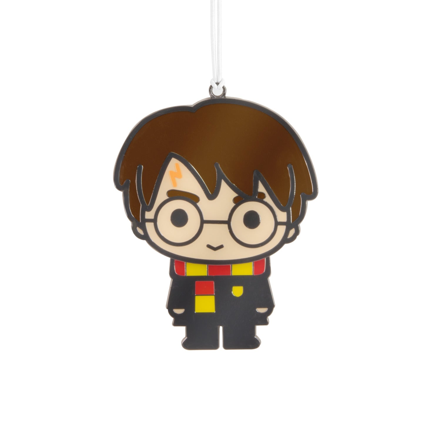 Harry Potter™ Moving Metal Hallmark Ornament, colourful metal decoration in Gryffindor robes with wiggle feature, flat lay view.