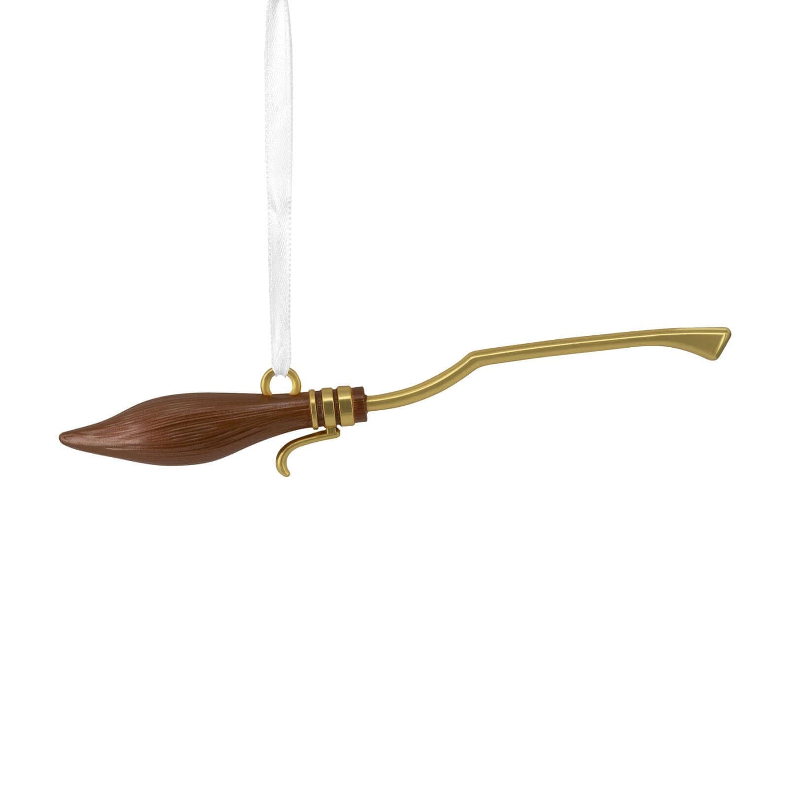 Harry Potter Nimbus 2000, Metal - Hallmark Christmas Ornament in a side view with a brown broom and gold accents, presented with a hanging ribbon.