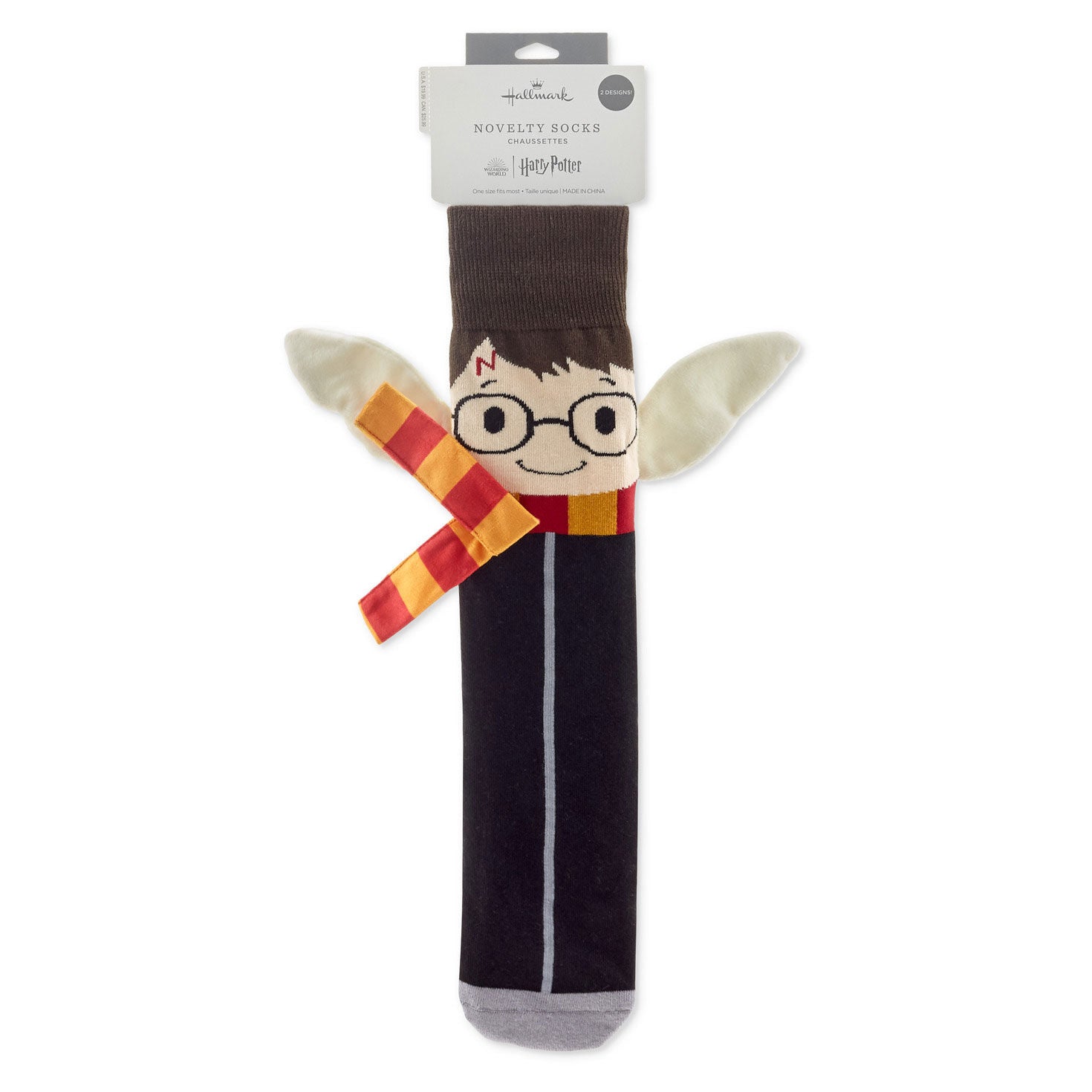Harry Potter™ and Hedwig™ novelty crew socks featuring Harry with glasses, Gryffindor scarf detail, presented in packaging.