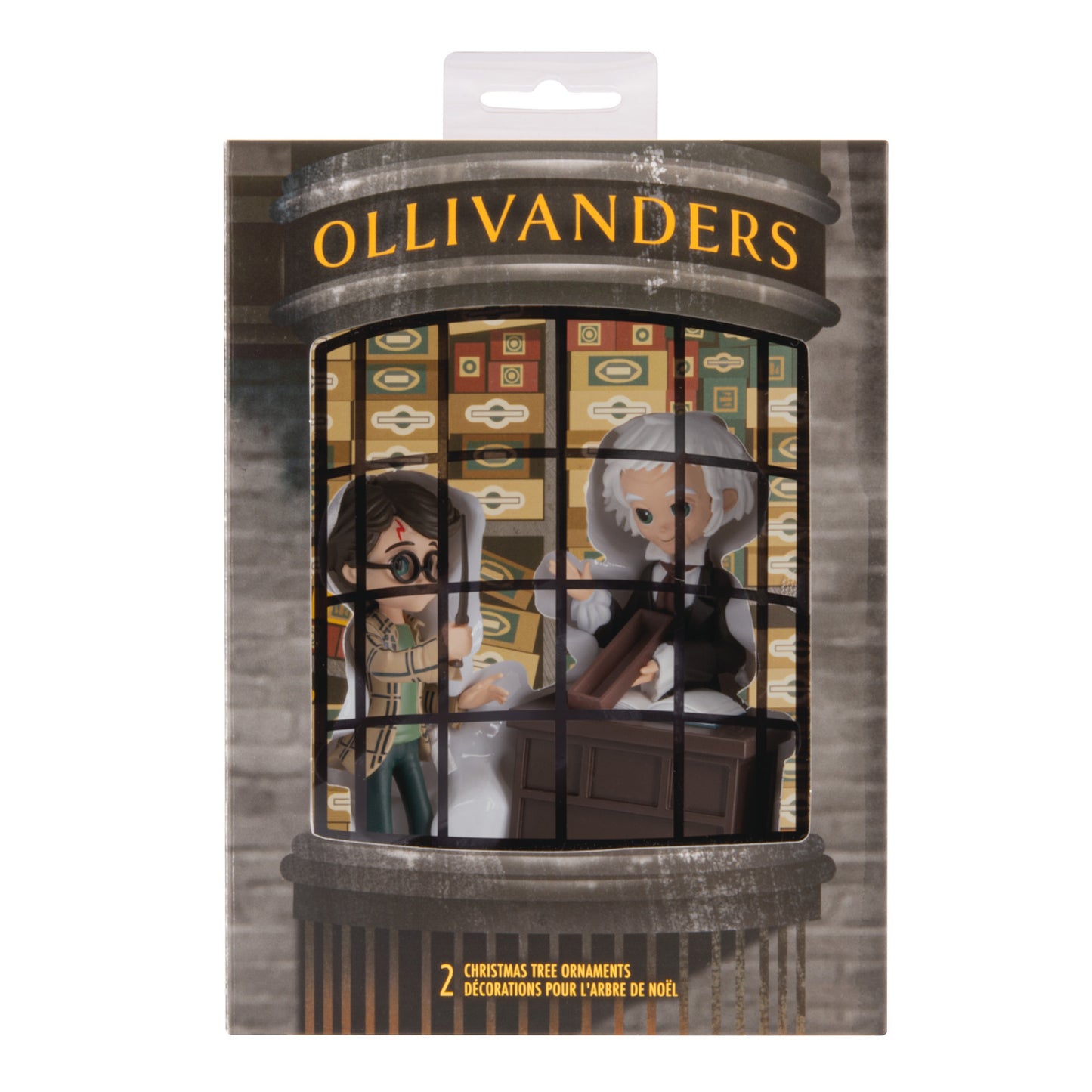 Hallmark Christmas ornaments - Harry Potter and Ollivander, set of 2, featuring characters in a themed storage box.