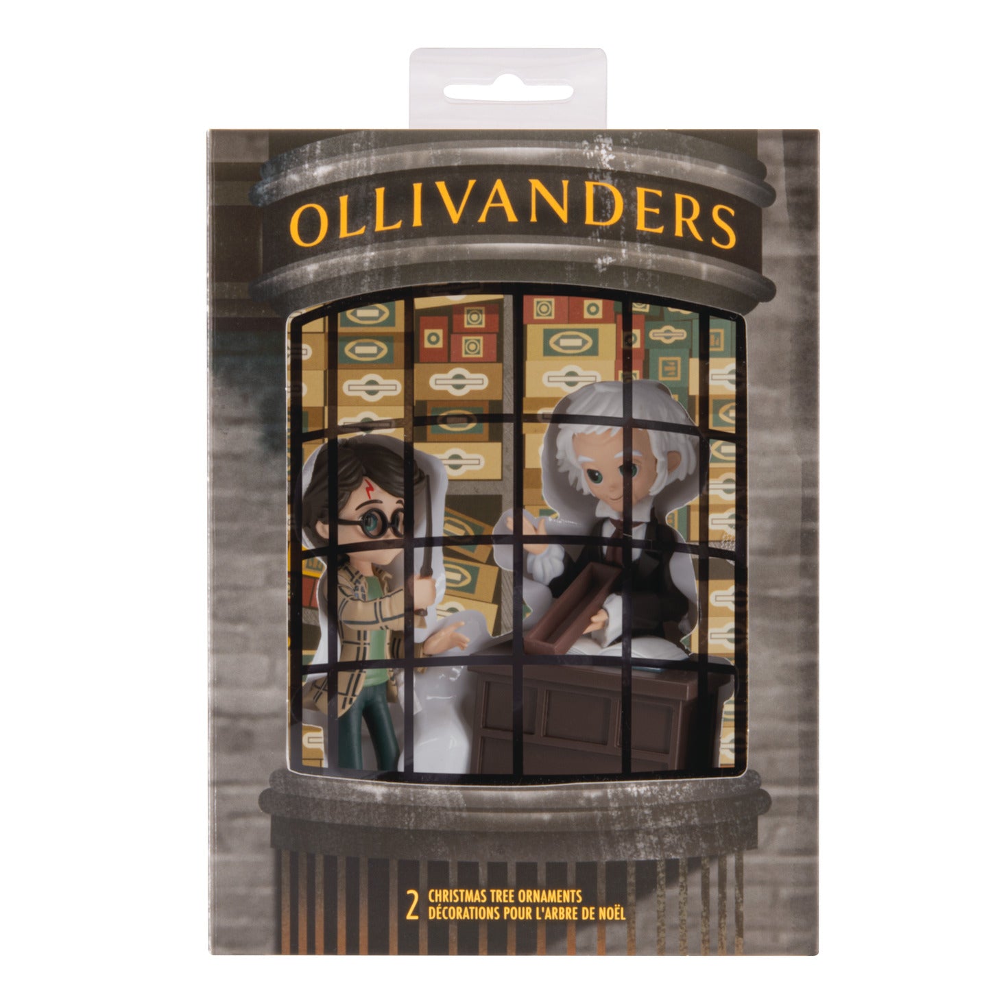Hallmark Christmas ornaments - Harry Potter and Ollivander, set of 2, featuring characters in a themed storage box.