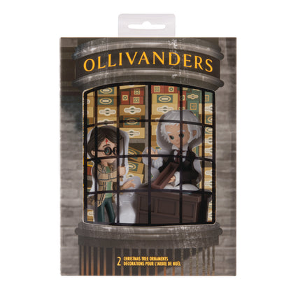 Hallmark Christmas ornaments - Harry Potter and Ollivander, set of 2, featuring characters in a themed storage box.