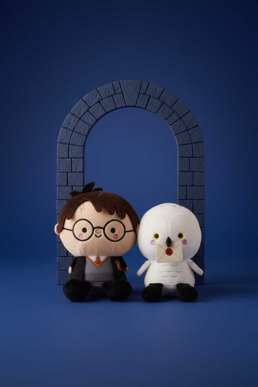 Harry Potter plush in front of arch, navy background