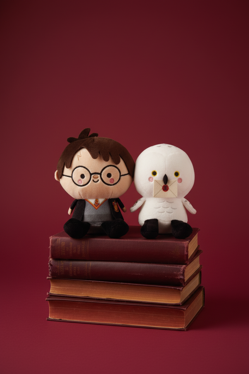 Harry Potter plush on stacked books, burgundy background