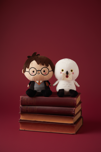 Harry Potter plush on stacked books, burgundy background
