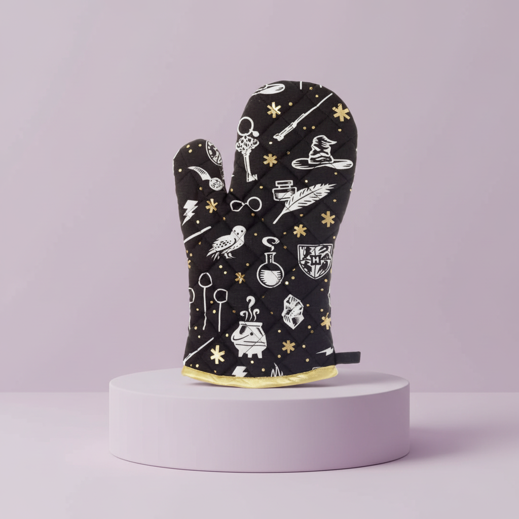 Harry Potter Magical Gift Hamper by Hallmark themed oven mitt featuring magical symbols in black and white.