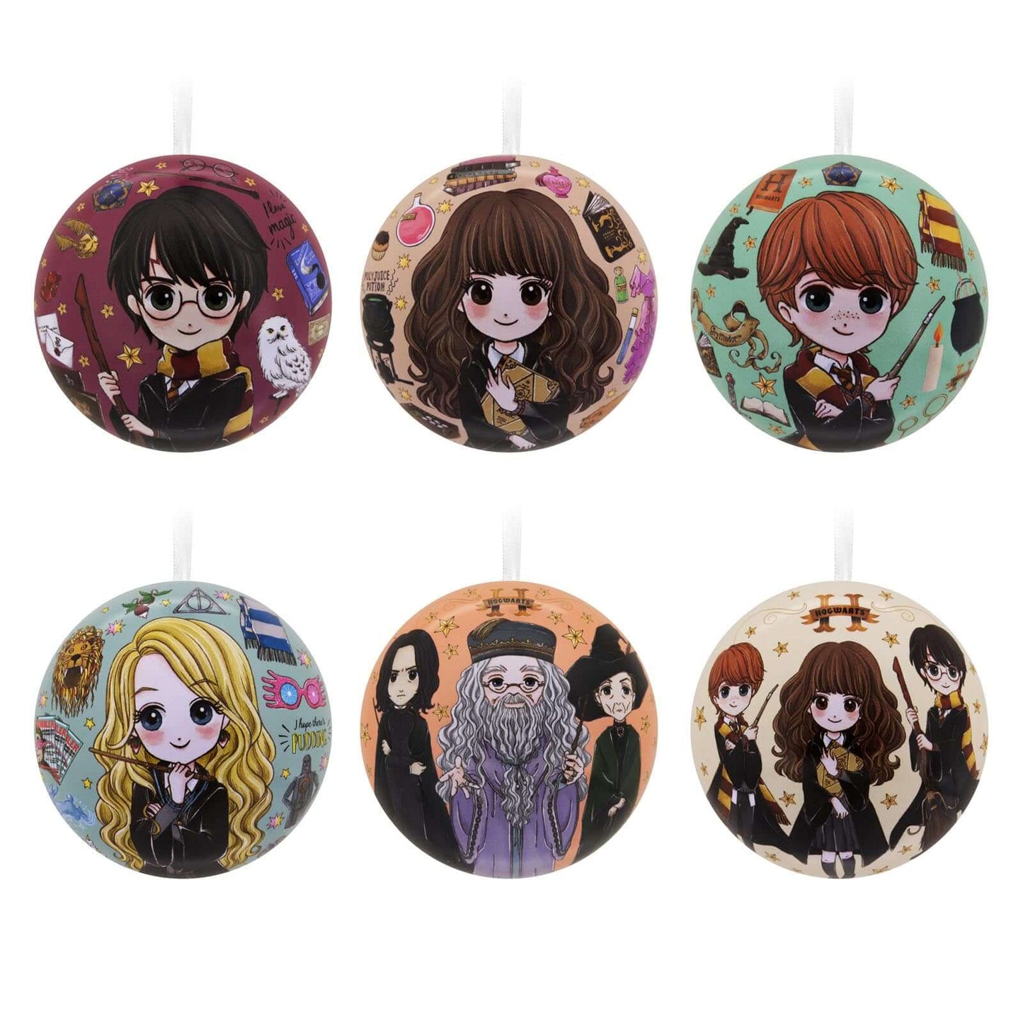 Harry Potter, tin ball, set of 12 - Hallmark Christmas ornament featuring character designs of Harry, Hermione, Ron and more in vibrant colours.