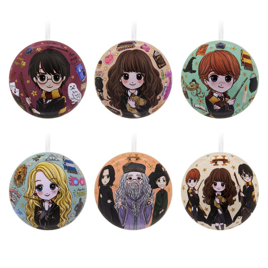 Harry Potter, tin ball, set of 12 - Hallmark Christmas ornament featuring character designs of Harry, Hermione, Ron and more in vibrant colours.