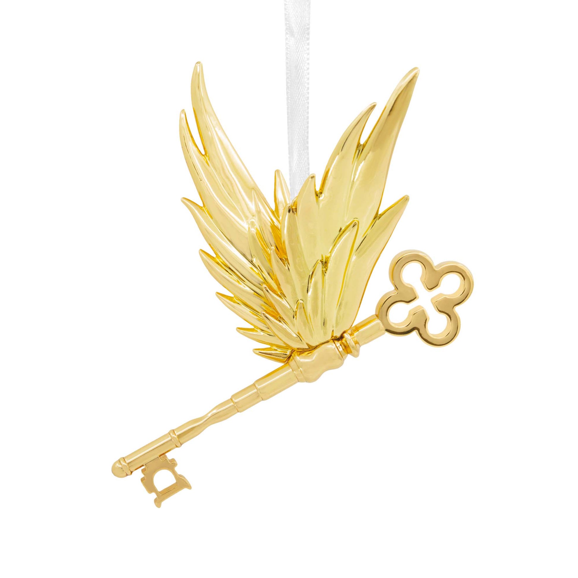 Hallmark Christmas Ornament (Harry Potter Winged Key Premium Metal) in shiny metallic gold with intricate wing details, hanging ornament.
