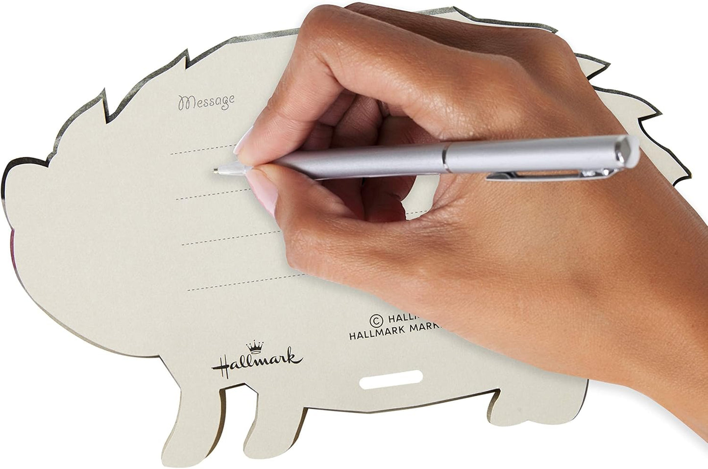 Hallmark Pop Up Birthday Card (3D Honeycomb Hedgehog) with handwritten message space, close-up of design and writing process.