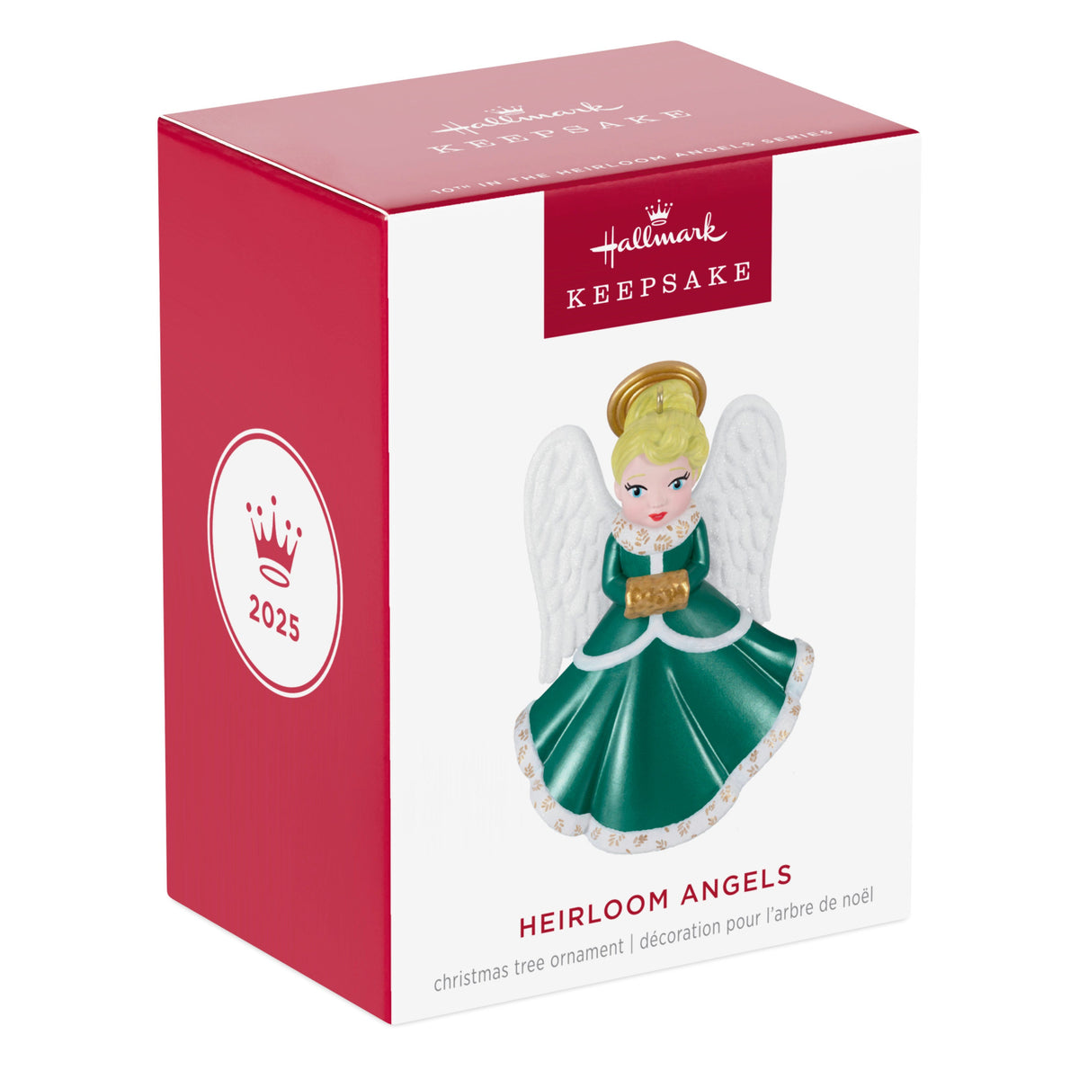 Heirloom Angels, 10th in the Series — 2025 Hallmark Keepsake Christmas Ornament, boxed design featuring elegant winter-green colour and angel figurine.