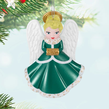 Heirloom Angels, 10th in the Series — 2025 Hallmark Keepsake Christmas Ornament, green dress, detailed face, sparkling wings, hanging on a tree