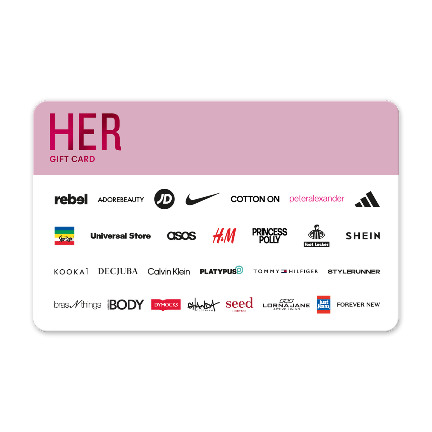 HER gift card with various brand logos on a white background