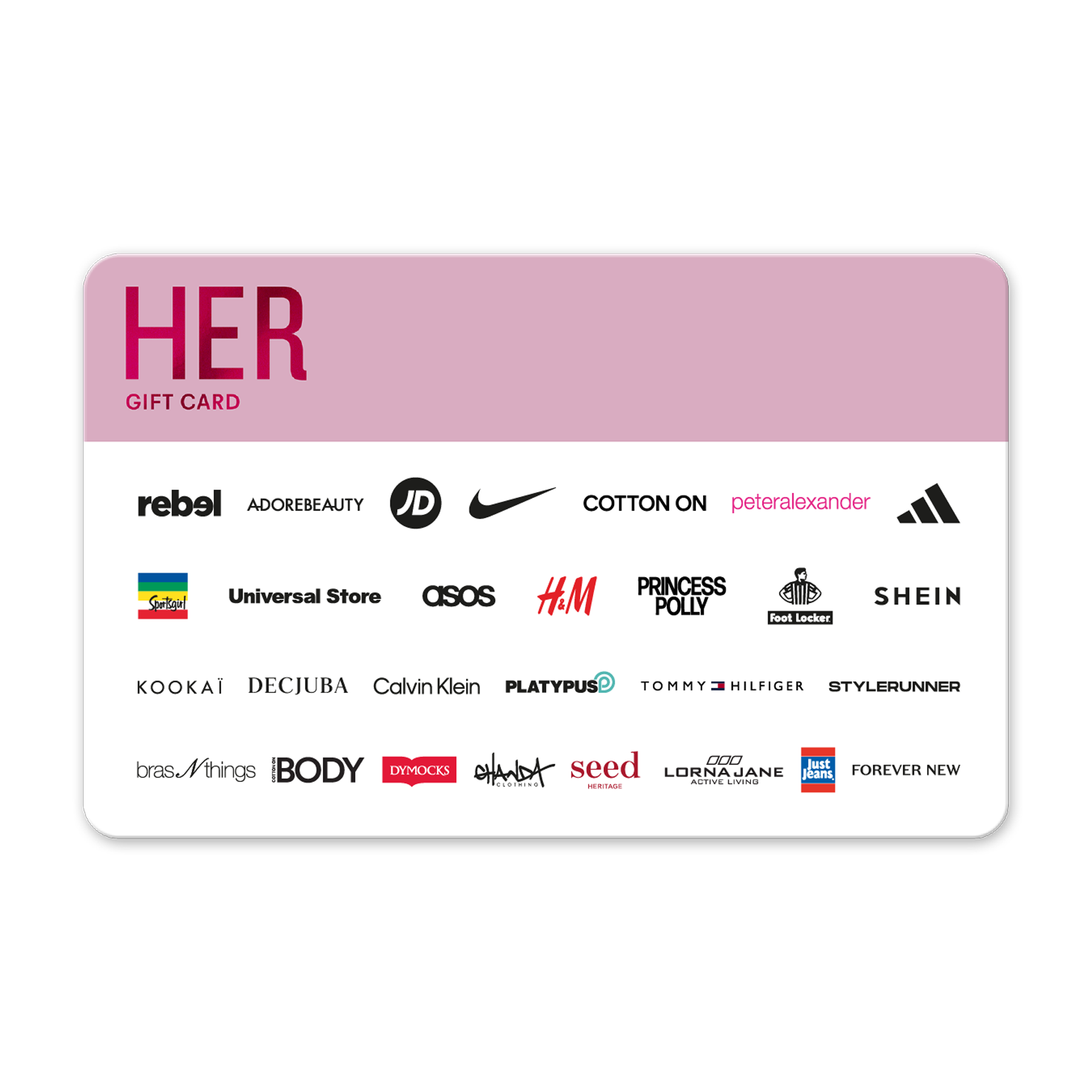 HER gift card with various brand logos on a white background