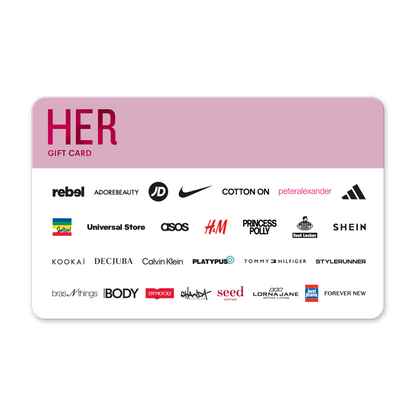 HER gift card with various brand logos on a white background