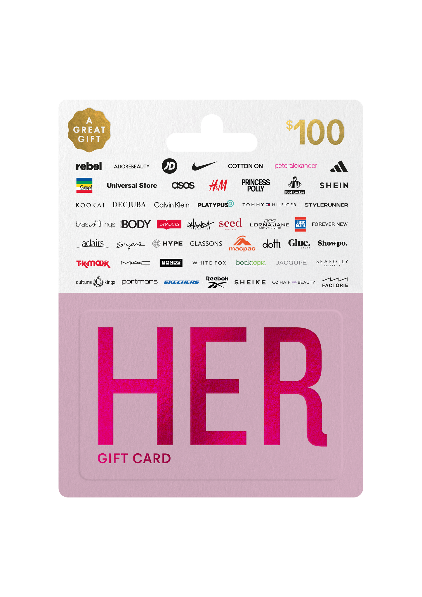 Pink 'HER' gift card packaging with brand logos on a white background