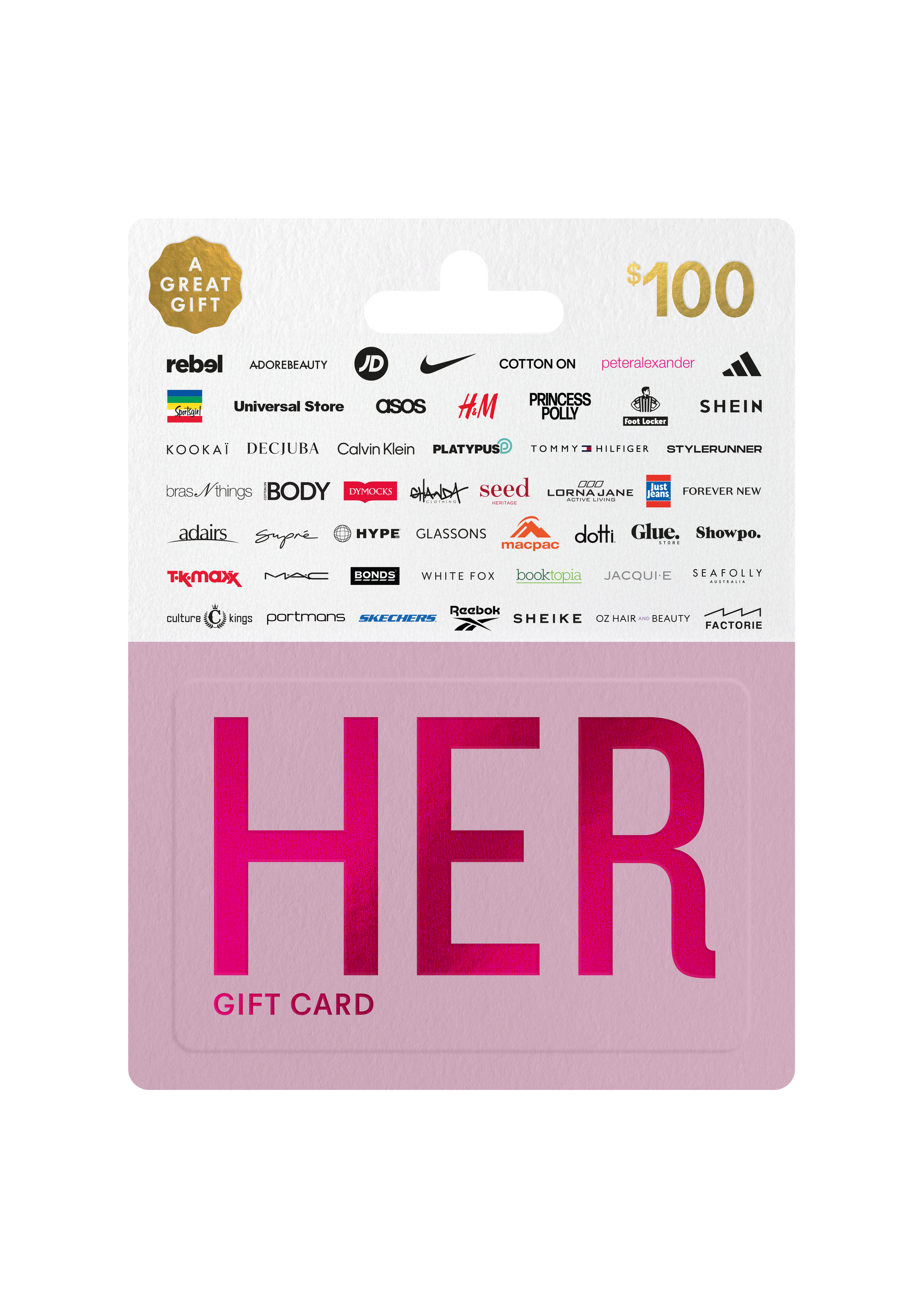 Pink 'HER' gift card packaging with brand logos on a white background