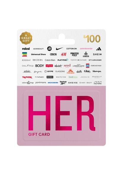 Pink 'HER' gift card packaging with brand logos on a white background