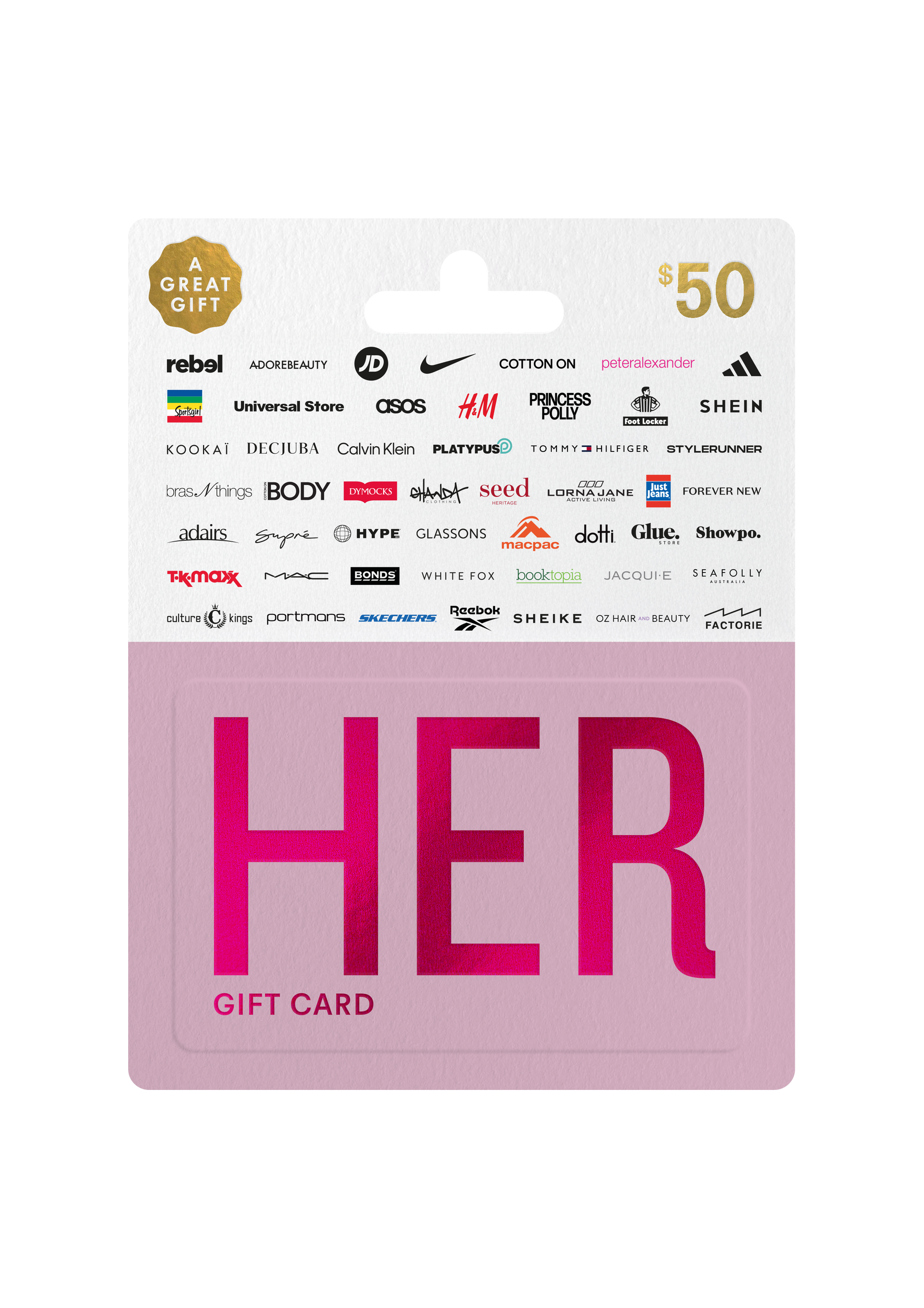 Pink 'HER' gift card with brand logos on a white background