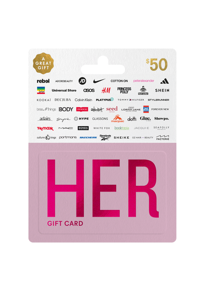Pink 'HER' gift card with brand logos on a white background